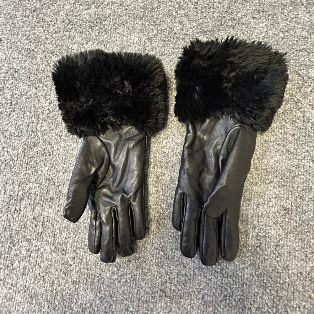 Summer & Rose Gloves Womens Size OS Black Faux Leather Fur Cuff Chic Winter Warm